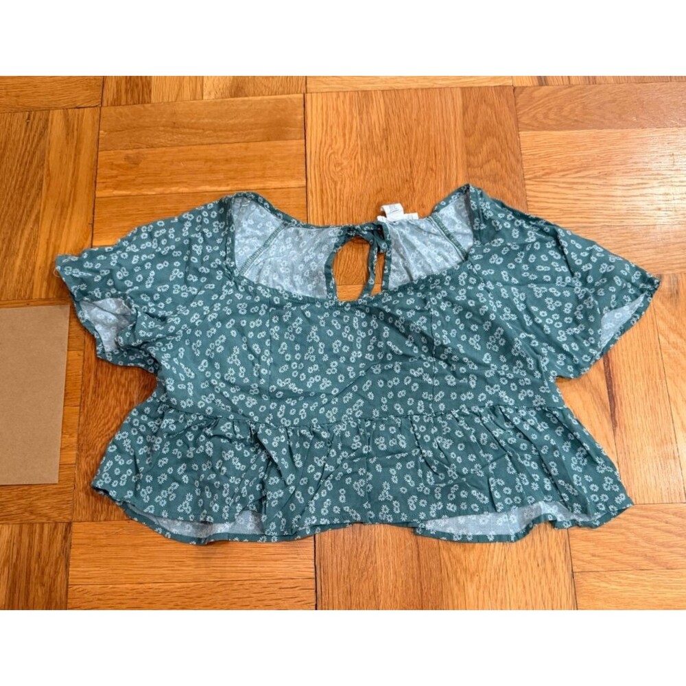 Full Tilt Women's Large Green Floral Ruffle Top Open Back Tie Boho Blouse